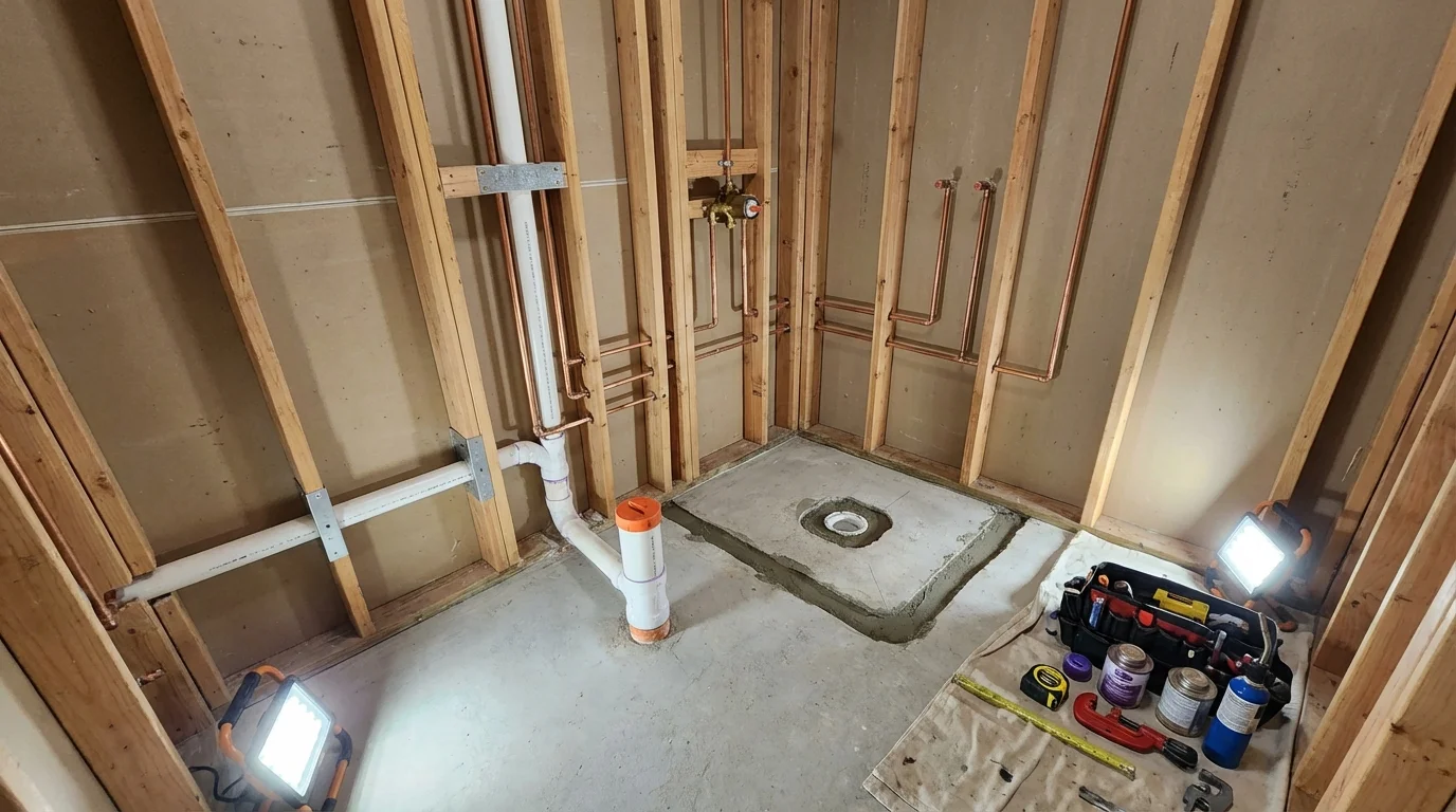 Bathroom rough-in plumbing during remodel by Johns Plumbing LLC in Gibbon