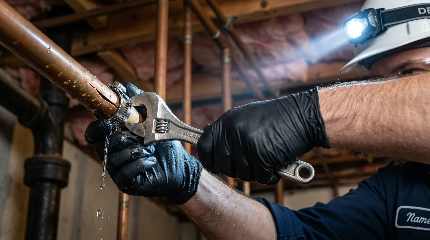 Emergency pipe clamp repair being performed by a Johns Plumbing LLC plumber in Gibbon