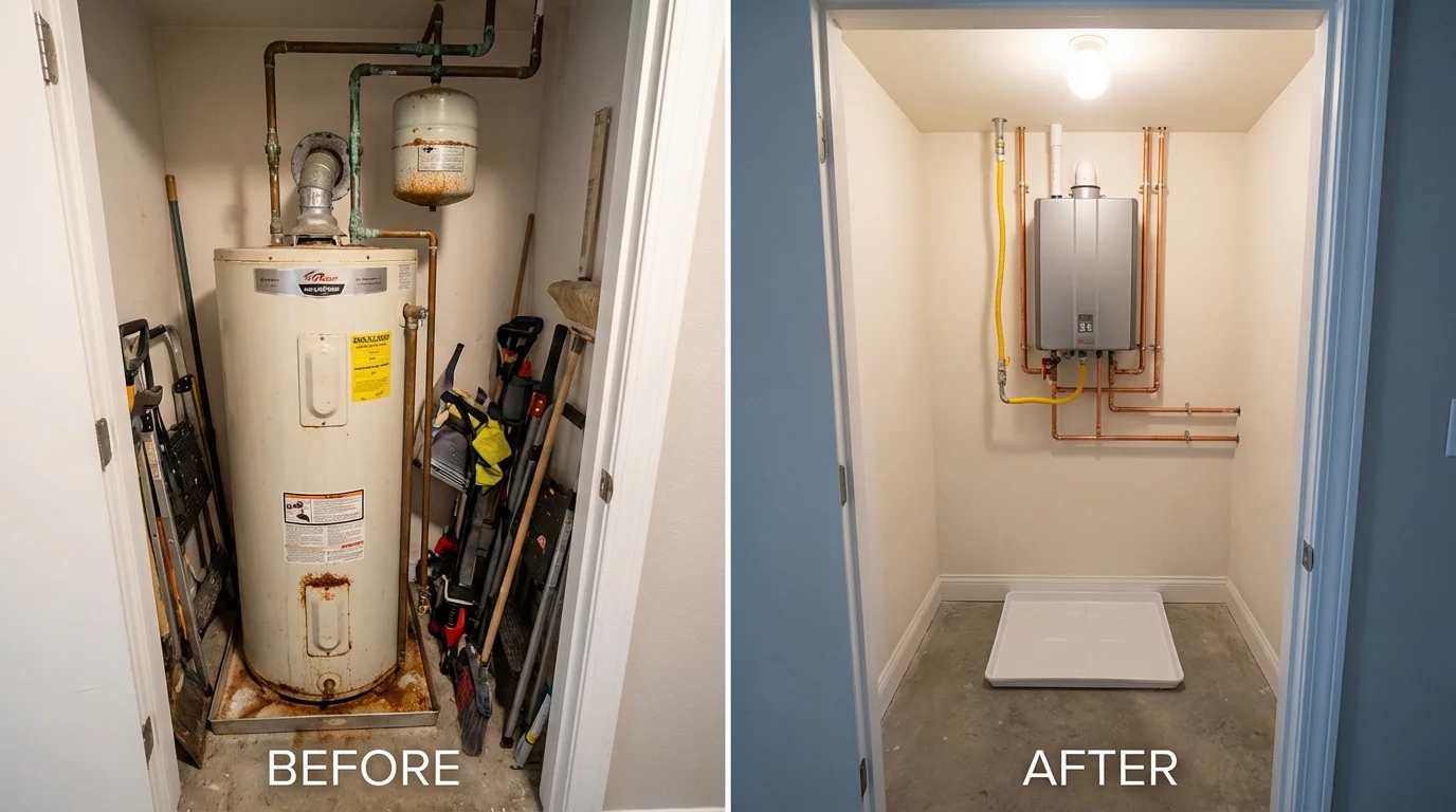 Tank water heater versus wall-mounted tankless unit comparison for Gibbon, NE homeowners
