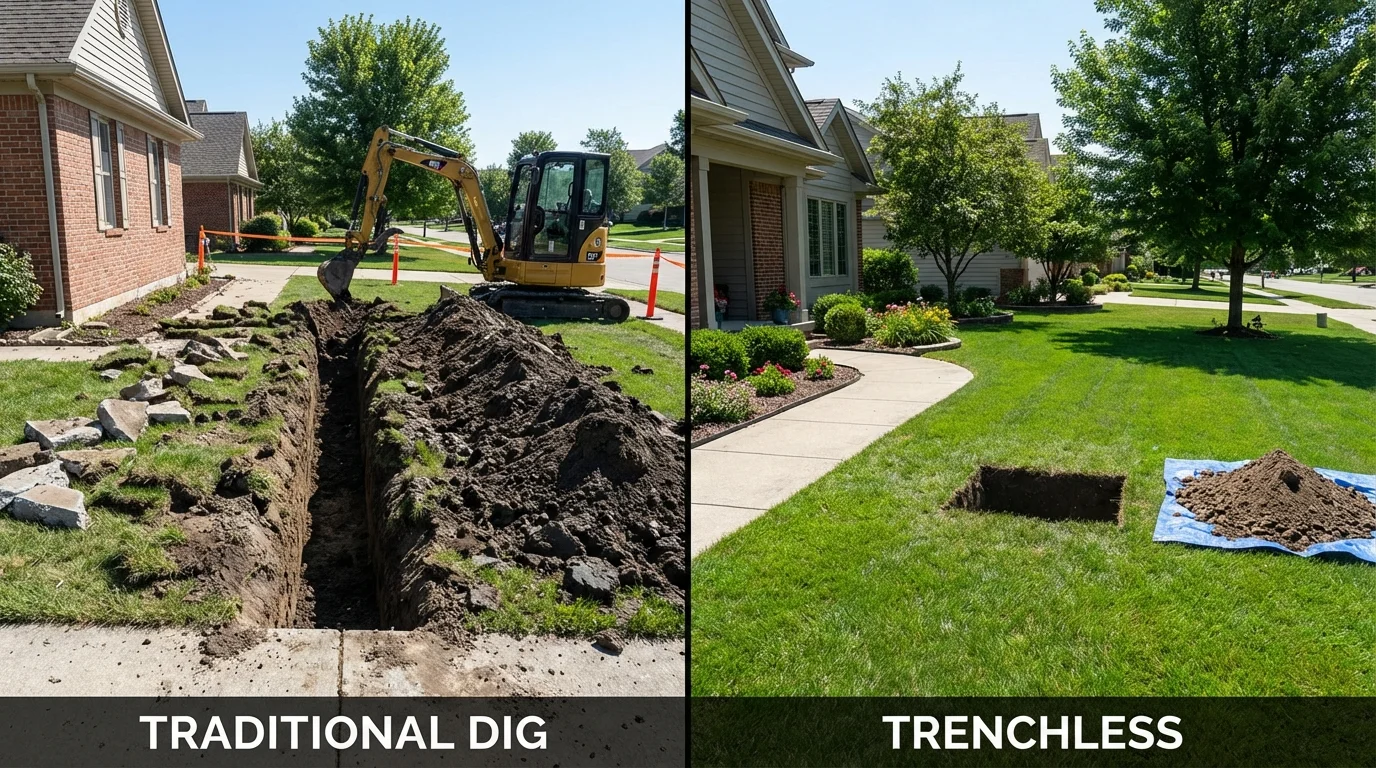 Trenchless sewer repair with minimal yard damage versus traditional excavation in Gibbon, NE