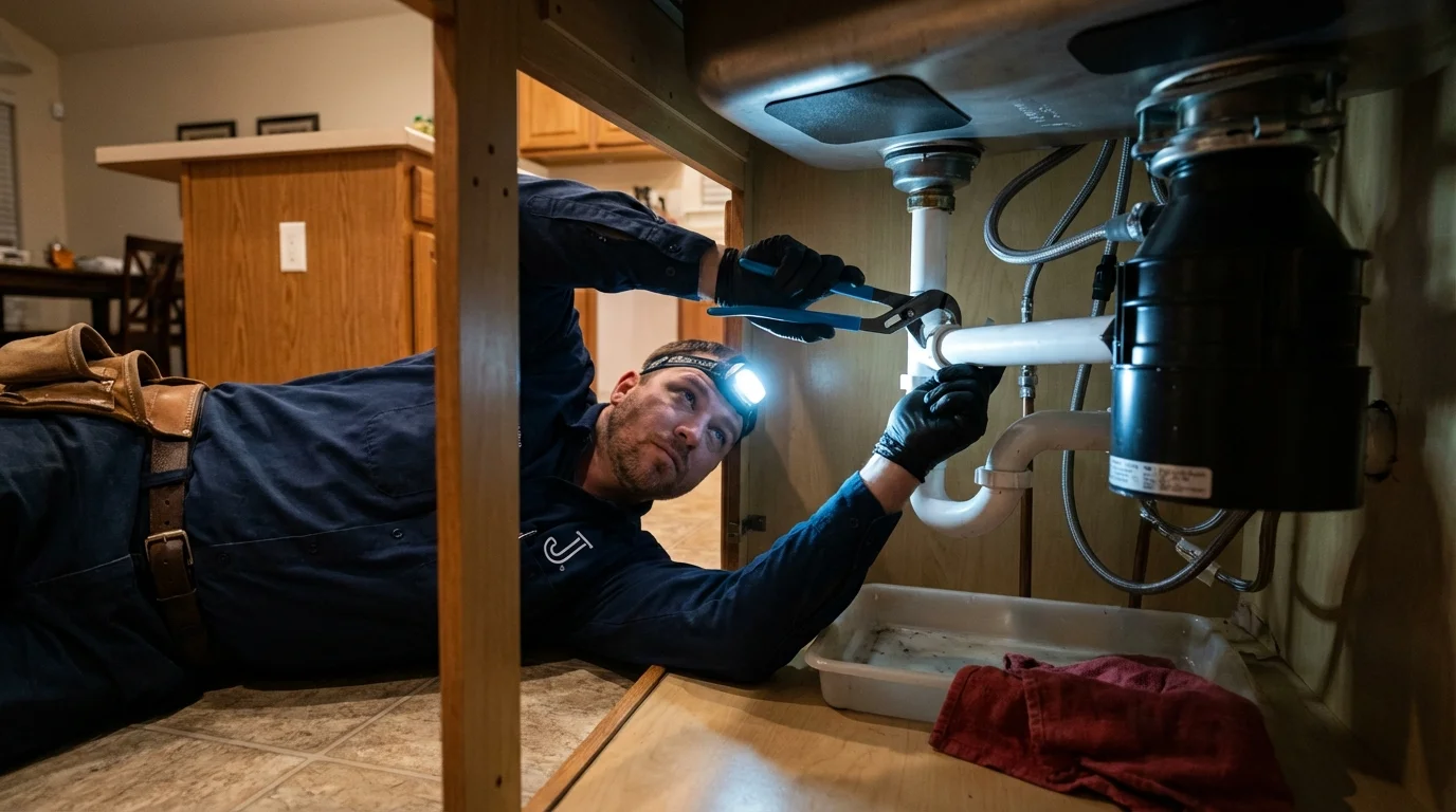 P-trap and supply line connections under a kitchen sink showing a common leak point in Gibbon, NE